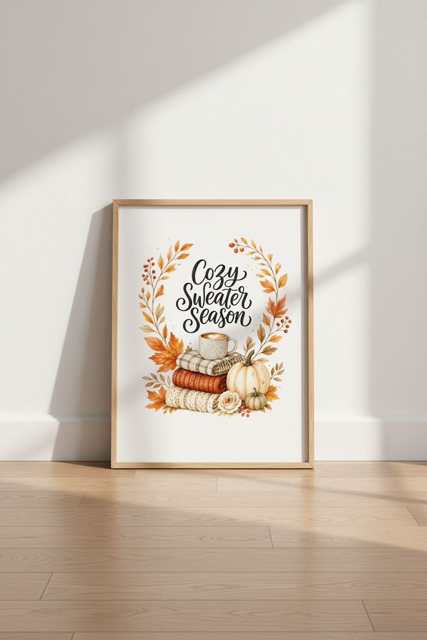Cozy Sweater Season Fall Wall Art | Watercolor Pumpkin Poster | Aesthetic Autumn Decor