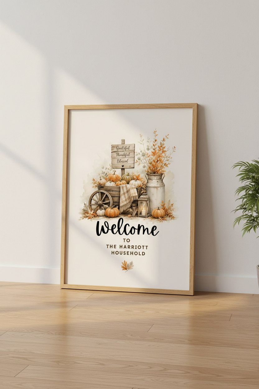 Fall Pumpkin Harvest Wall Art | Rustic Farmhouse Decor, Personalized Welcome Poster