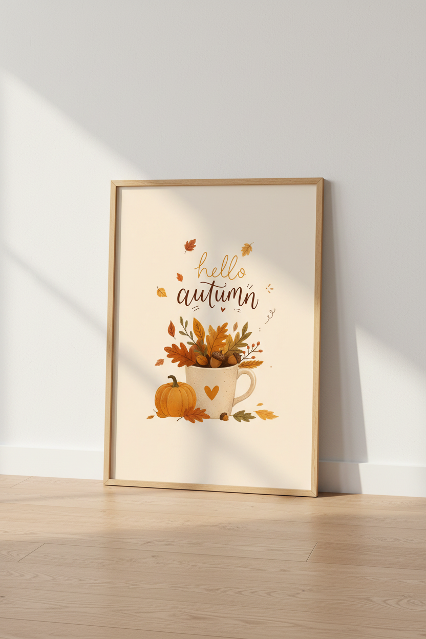 Hello Autumn Pumpkin Wall Art | Cozy Fall Leaves Poster | Rustic Home Decor
