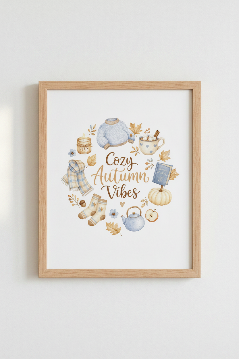 Cozy Autumn Vibes Watercolor Wall Art | Fall Foliage Decor | Blue & Cream Poster