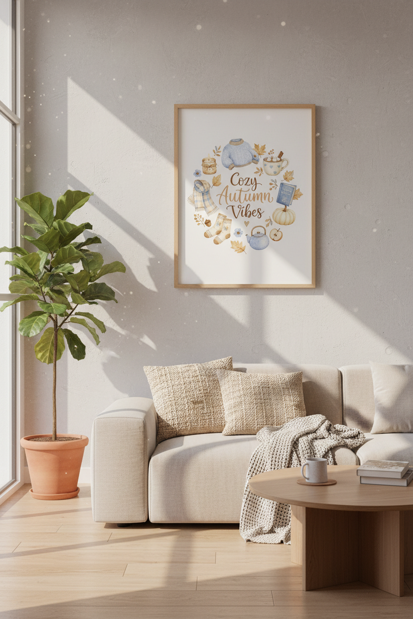 Cozy Autumn Vibes Watercolor Wall Art | Fall Foliage Decor | Blue & Cream Poster