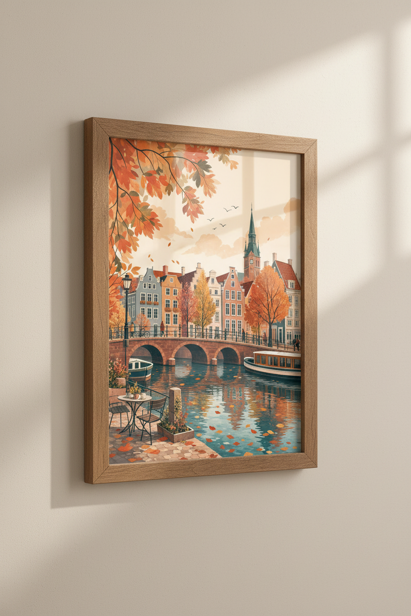 Autumn Amsterdam Canal Wall Art | Fall Cityscape Poster, Cozy Home Decor