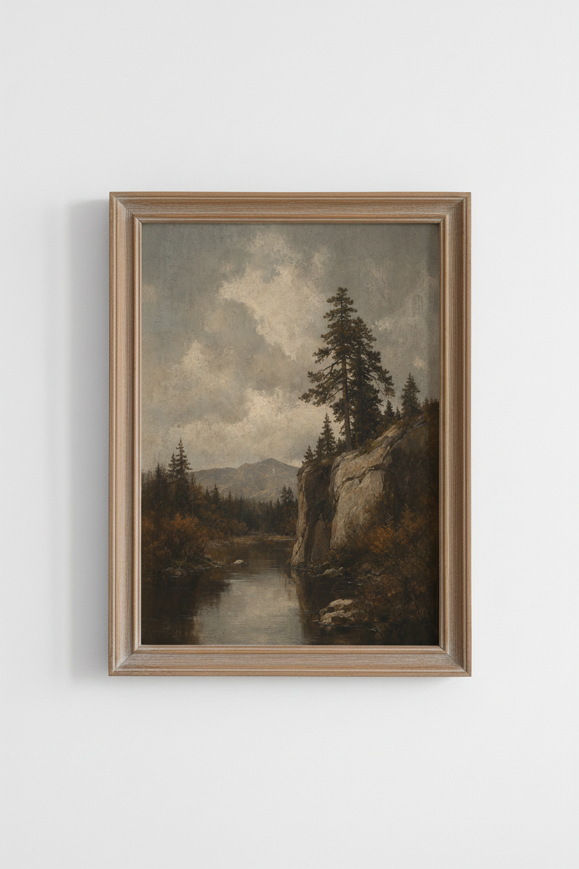 Moody Pine Forest Mountain Lake | Vintage Oil Style, Rustic Cabin Wall Art