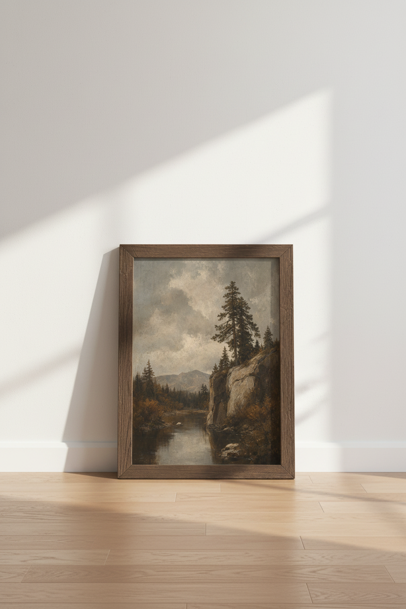 Moody Pine Forest Mountain Lake | Vintage Oil Style, Rustic Cabin Wall Art