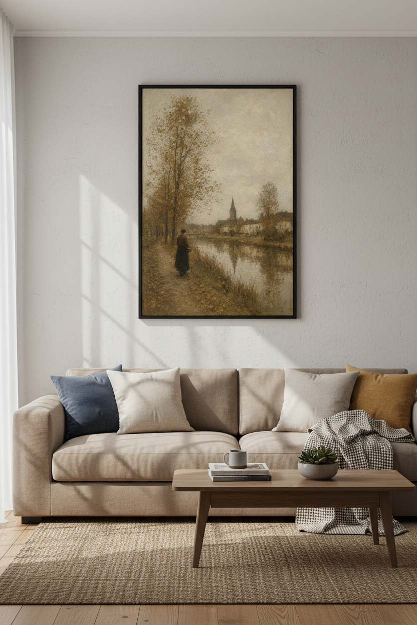 European Village River Print | Moody Landscape Wall Art, French Country Decor