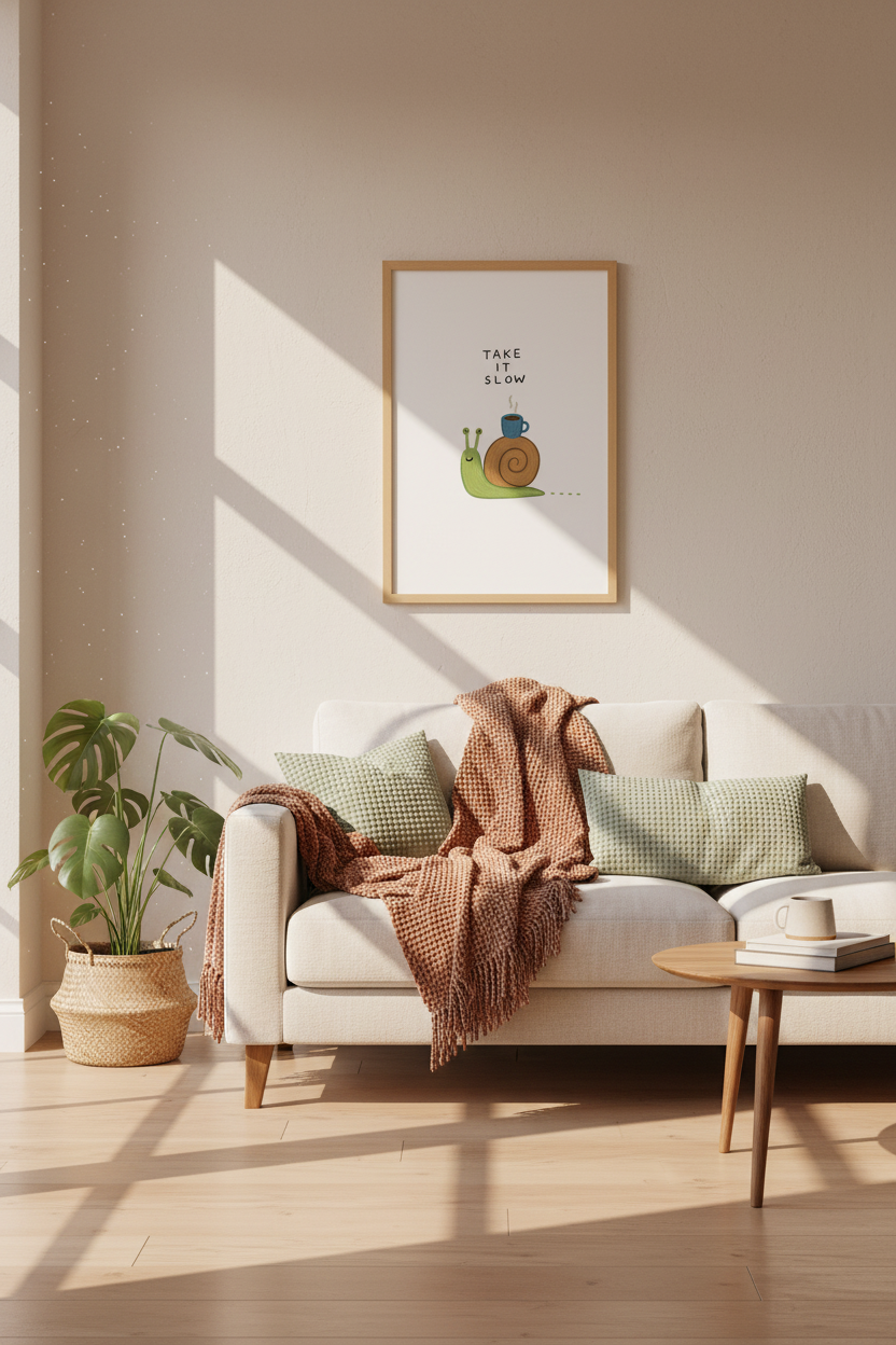Take It Slow Snail Wall Art Print | Cute Coffee Decor | Whimsical Pastel Poster