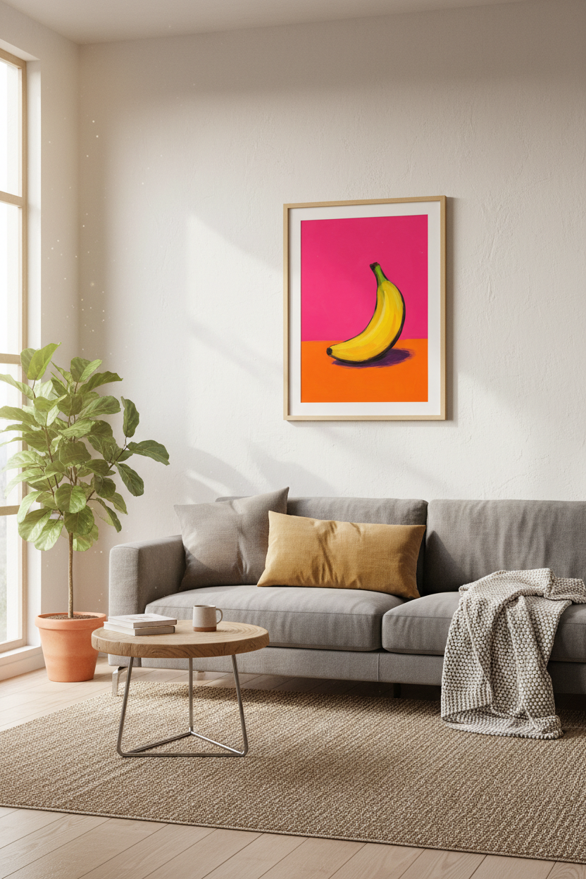Pop Art Banana Print | Vibrant Pink & Orange Fruit Poster, Modern Kitchen Wall Art