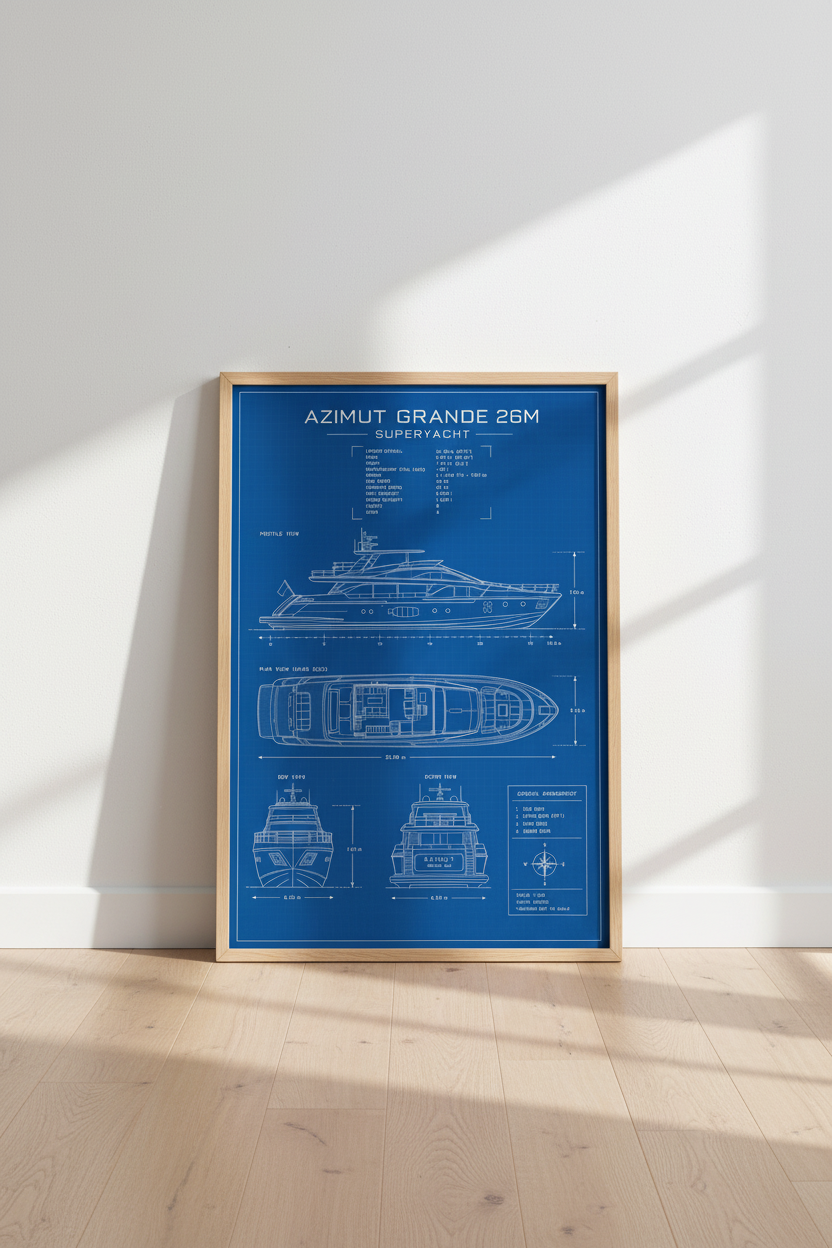 Azimut Grande 26M Yacht Blueprint | Nautical Engineering Poster, Coastal Office Decor