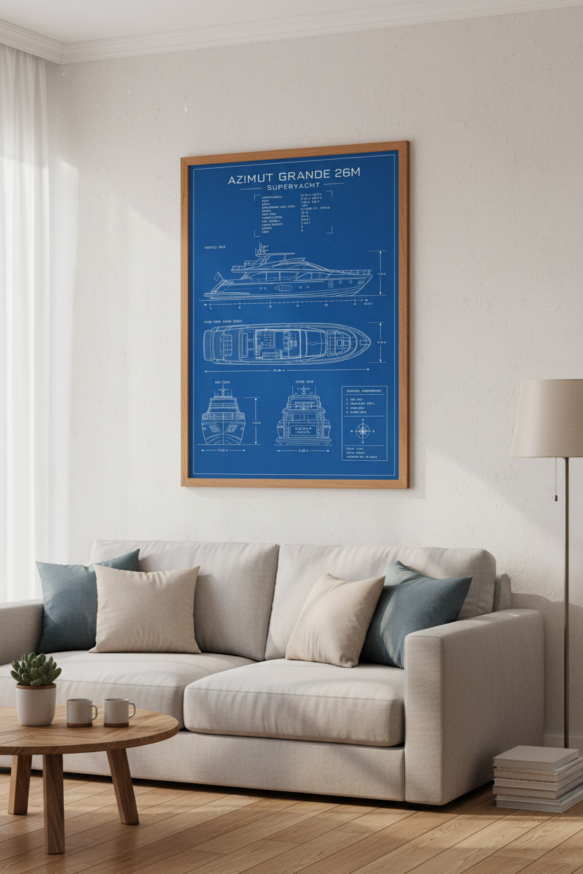 Azimut Grande 26M Yacht Blueprint | Nautical Engineering Poster, Coastal Office Decor