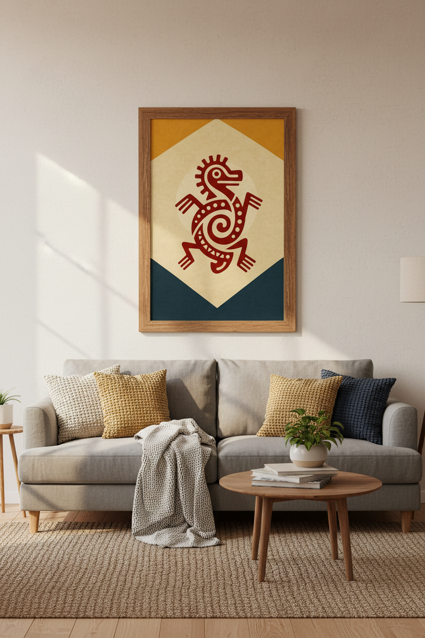 Mayan Lizard Tribal Wall Art | Burnt Orange & Teal Decor | Ancient Aesthetic Poster