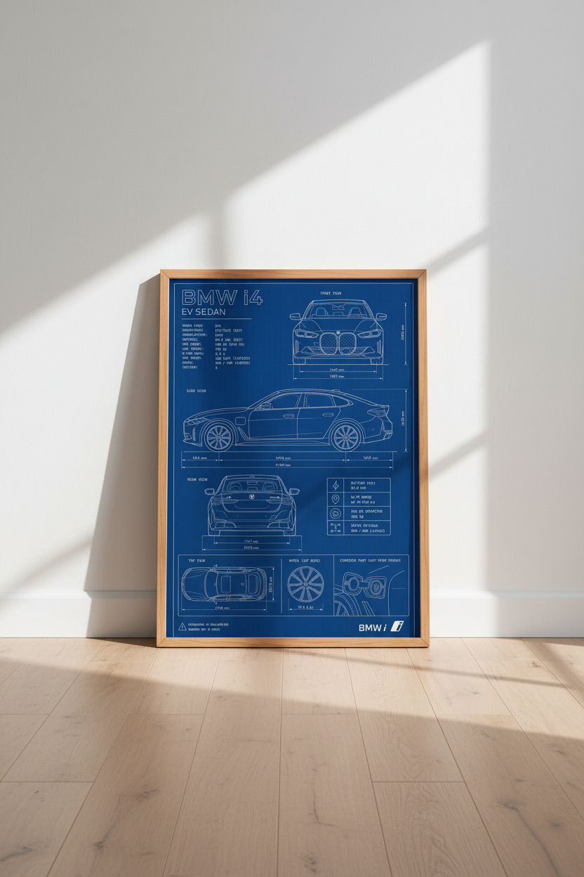 BMW i4 EV Sedan Blueprint Wall Art | Office Decor | Modern Car Poster