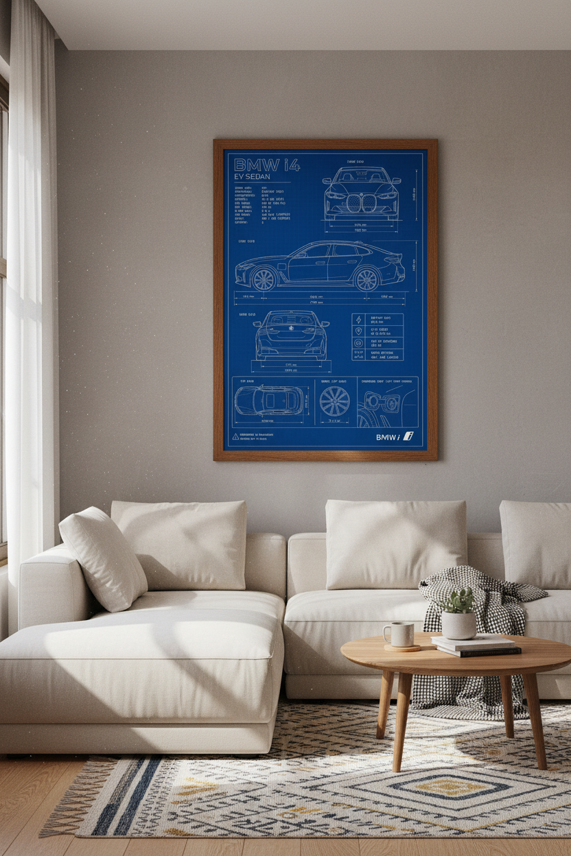 BMW i4 EV Sedan Blueprint Wall Art | Office Decor | Modern Car Poster