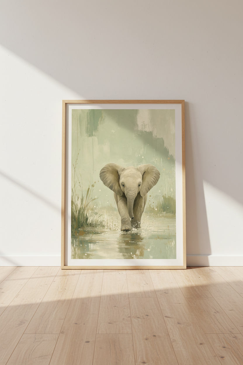 Baby Elephant Wall Art | Sage Green Safari Nursery Decor | Neutral Painted Poster