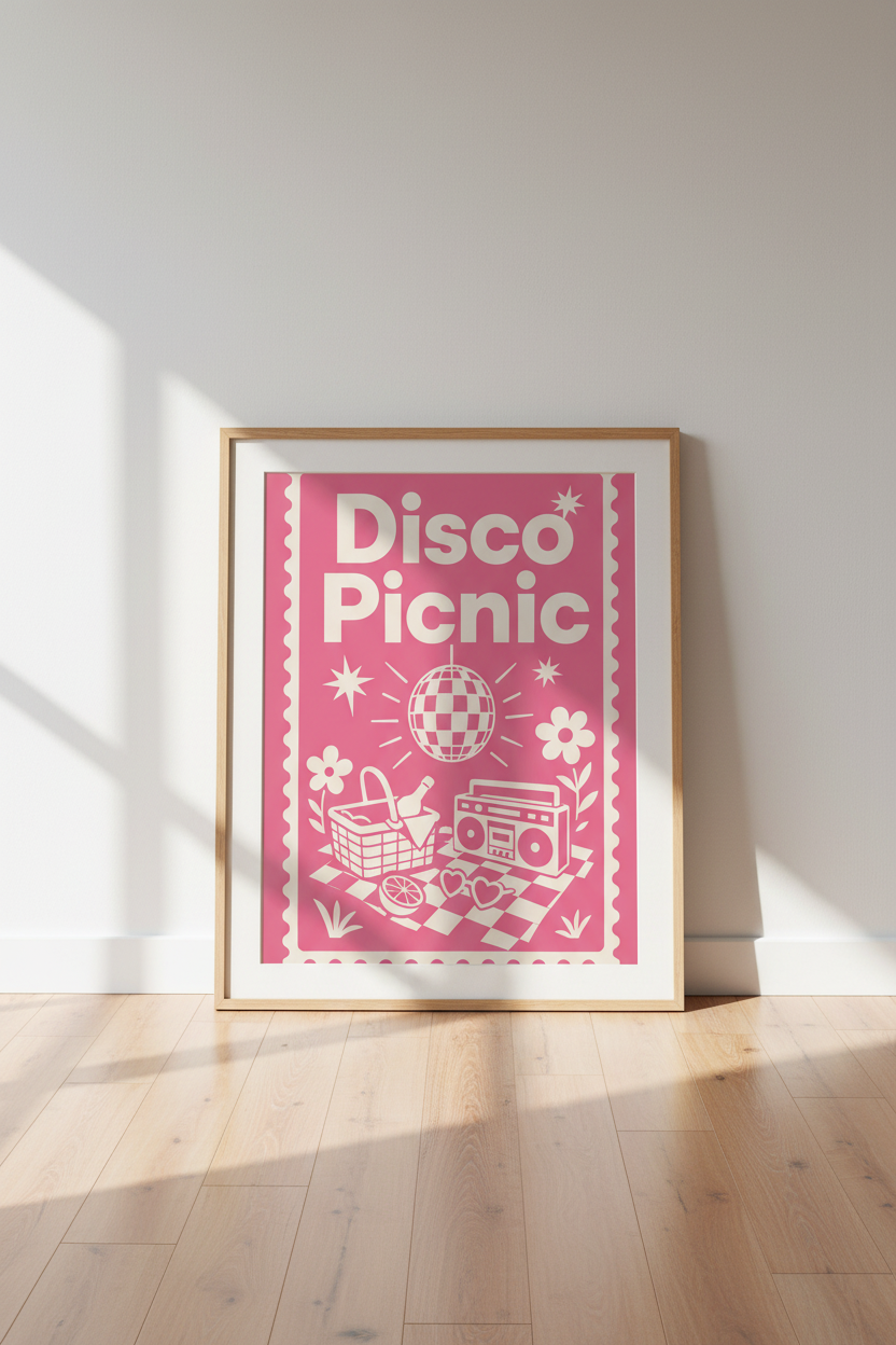 Disco Picnic Wall Art | Pink Retro Picnic Poster, Preppy Dorm Decor