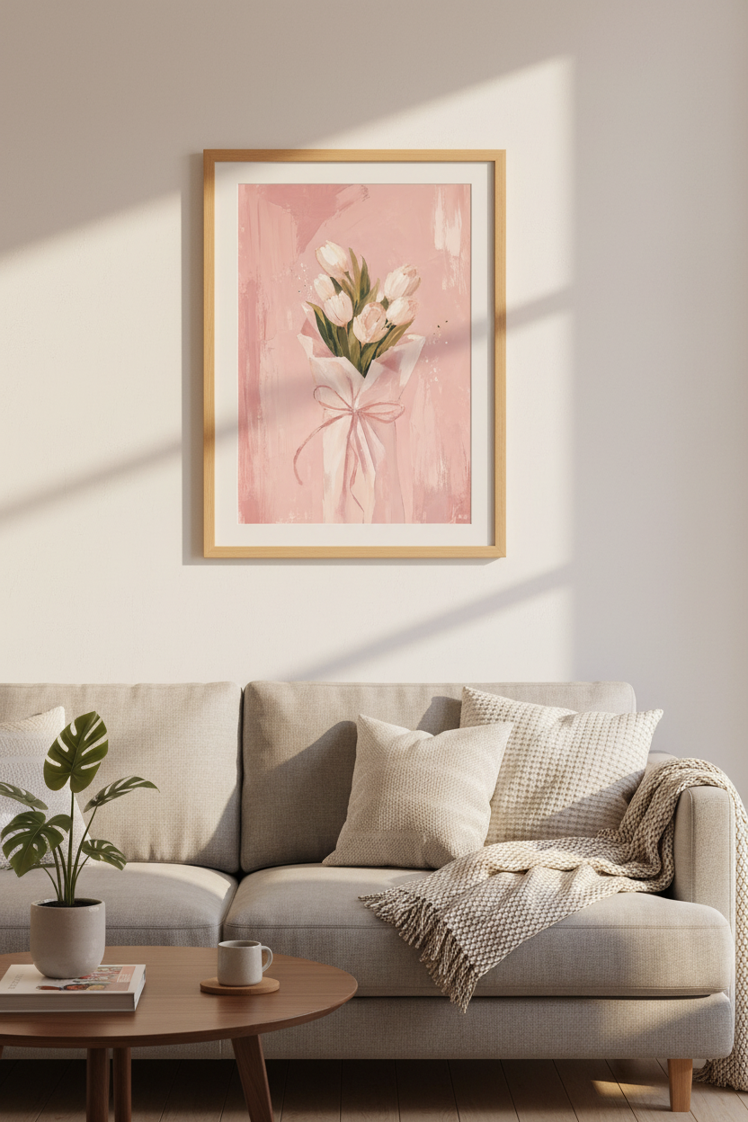 Pink Tulip Bouquet Wall Art | Shabby Chic Floral Print, Bedroom Pastel Decor