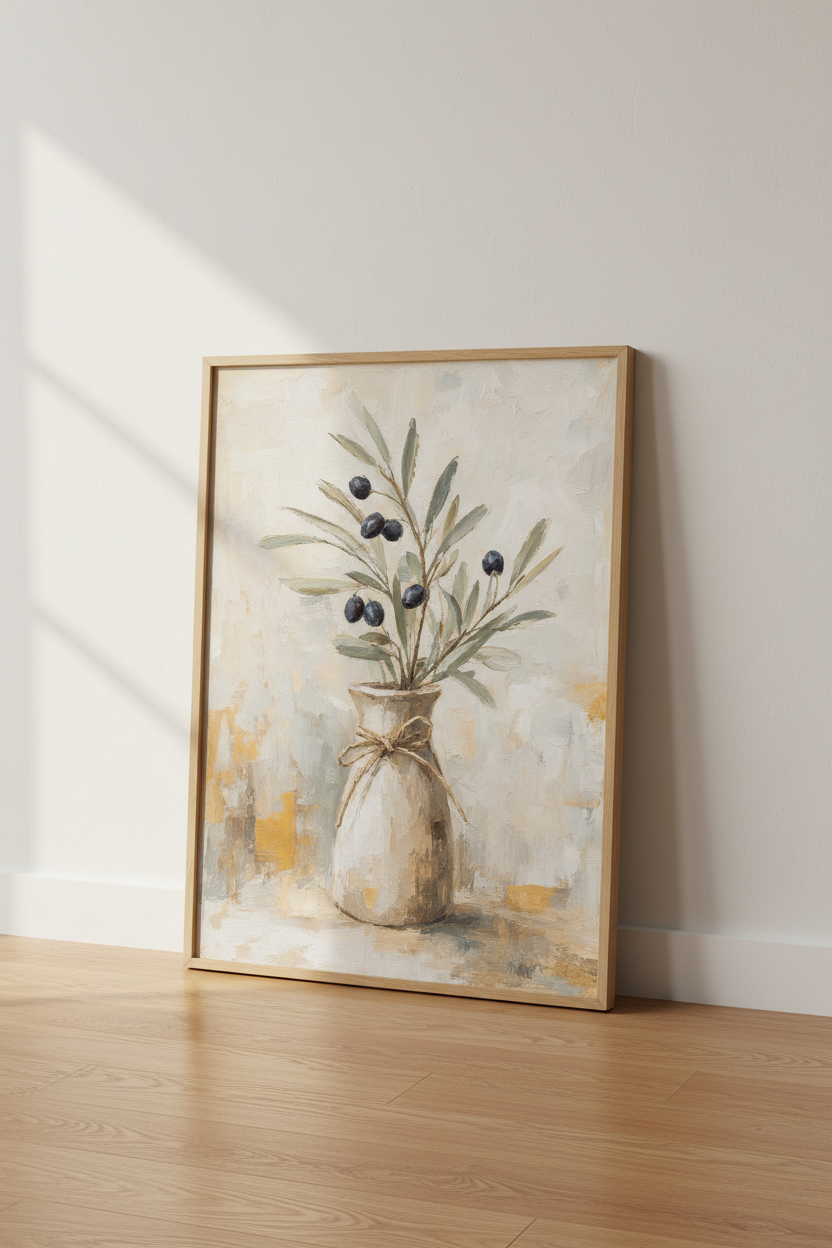 Olive Branch Oil Painting | Rustic Mediterranean Vase, Kitchen Wall Art Print