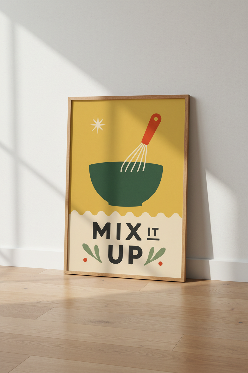 Mix It Up Kitchen Wall Art Print | Mid-Century Retro Decor | Mustard Yellow Poster