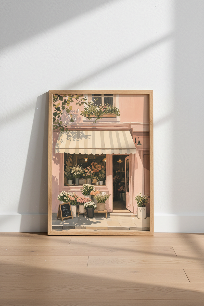 French Flower Shop Print | Pink Parisian Boutique, Romantic Floral Wall Decor