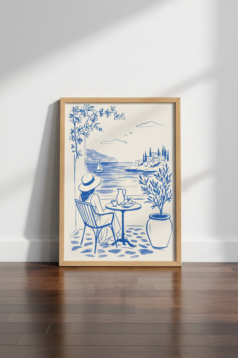 Coastal Mediterranean Terrace Wall Art | Blue Line Art Poster, Greek Island Decor