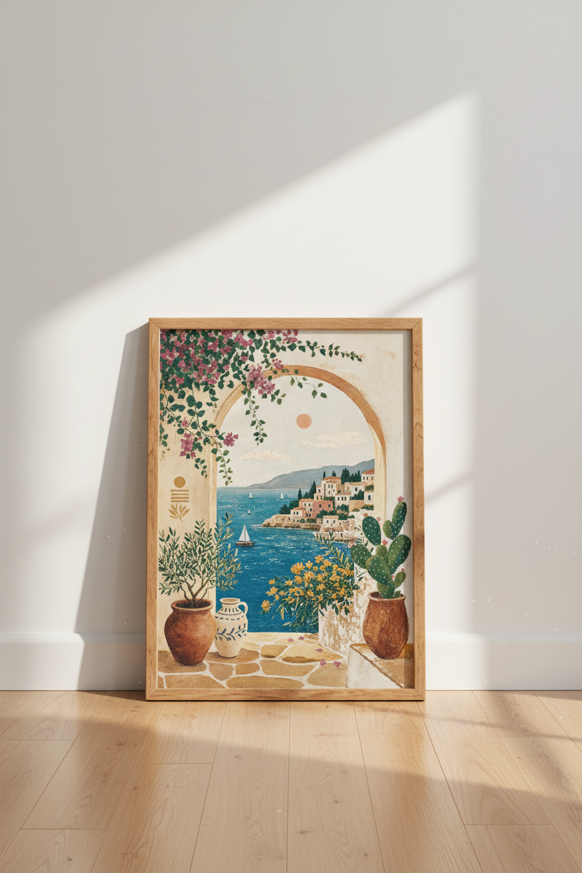 Mediterranean Window Scene | Greek Coast Art Print, Boho Wall Decor