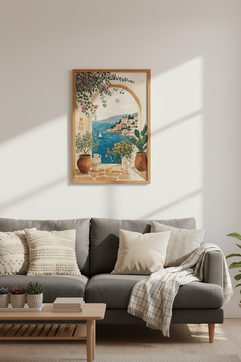 Mediterranean Window Scene | Greek Coast Art Print, Boho Wall Decor