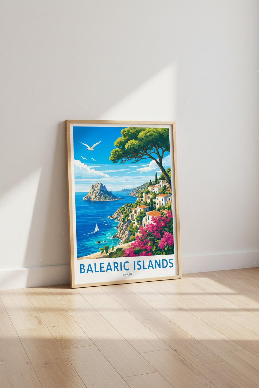 Balearic Islands Spain Travel Poster | Colorful Coastal Wall Art, Mediterranean Decor