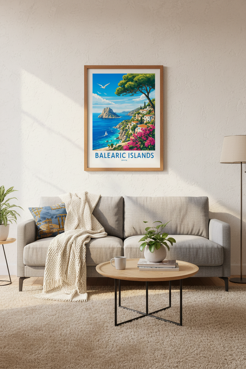 Balearic Islands Spain Travel Poster | Colorful Coastal Wall Art, Mediterranean Decor
