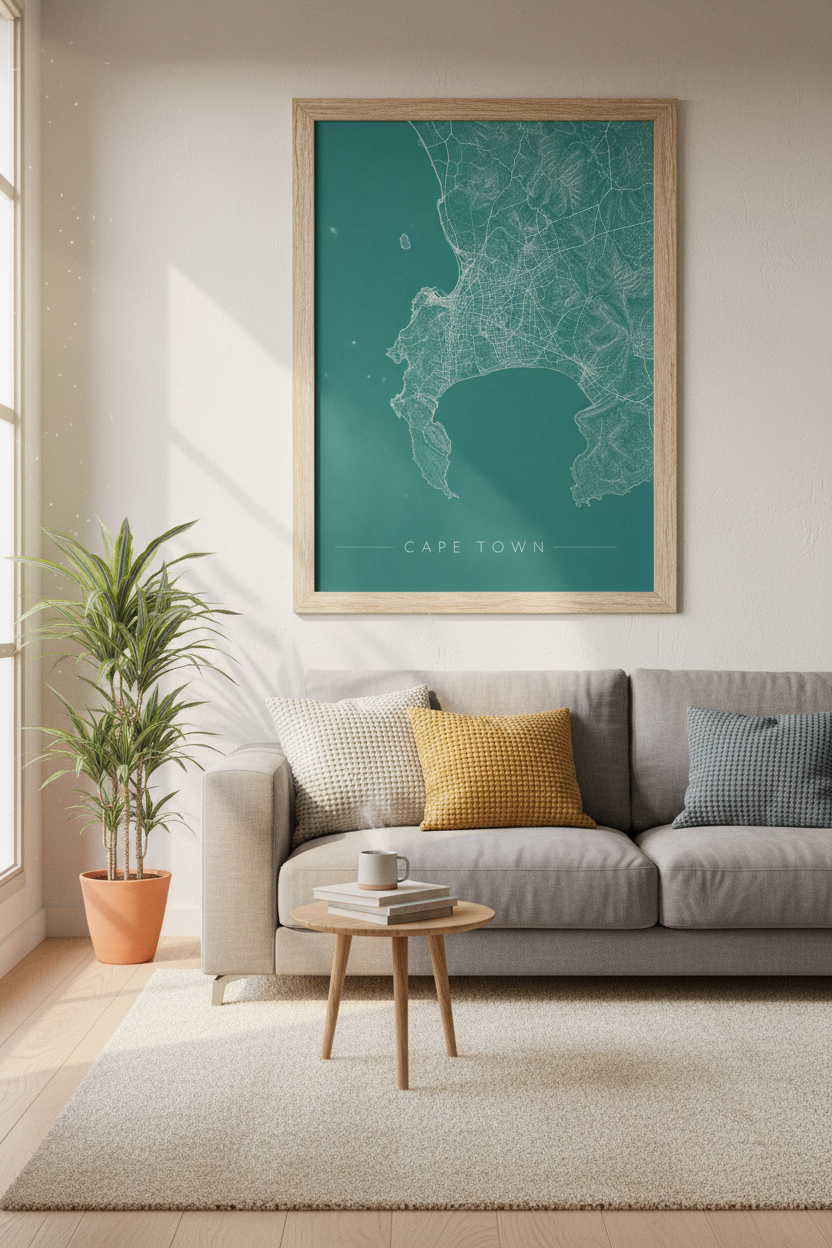 Cape Town Map Wall Art | Teal Minimalist City Print, South Africa Decor