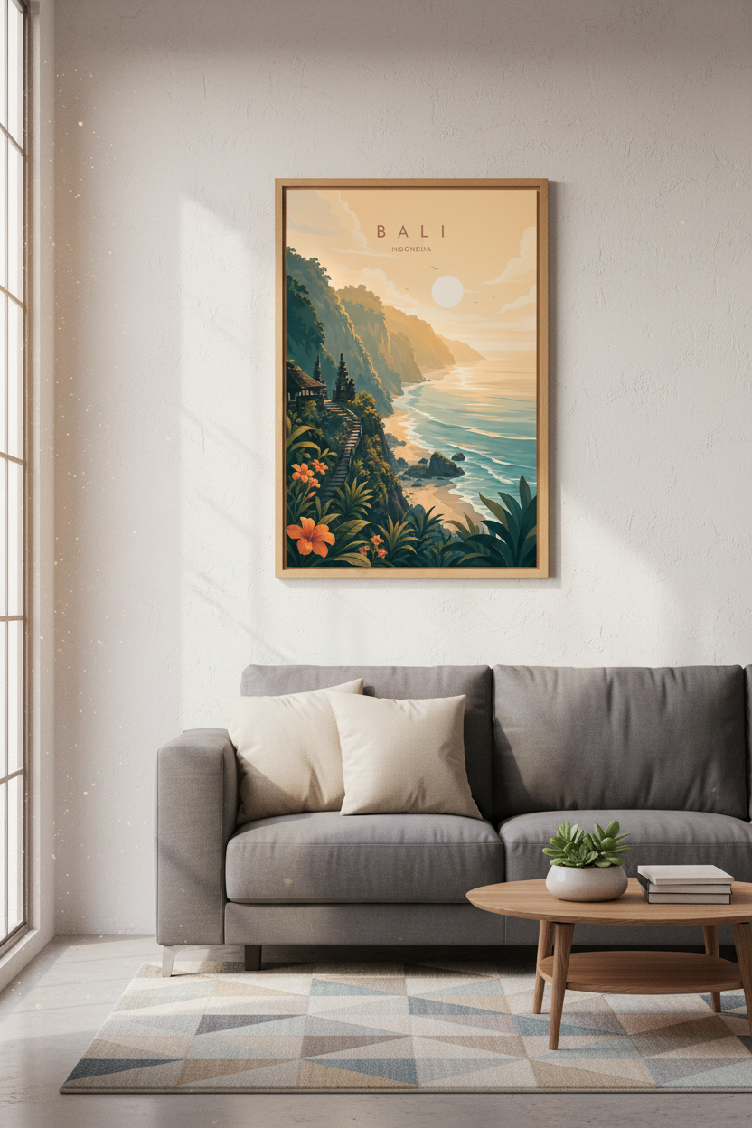 Bali Indonesia Travel Poster | Tropical Coastal Wall Art Print | Sunset Beach Decor