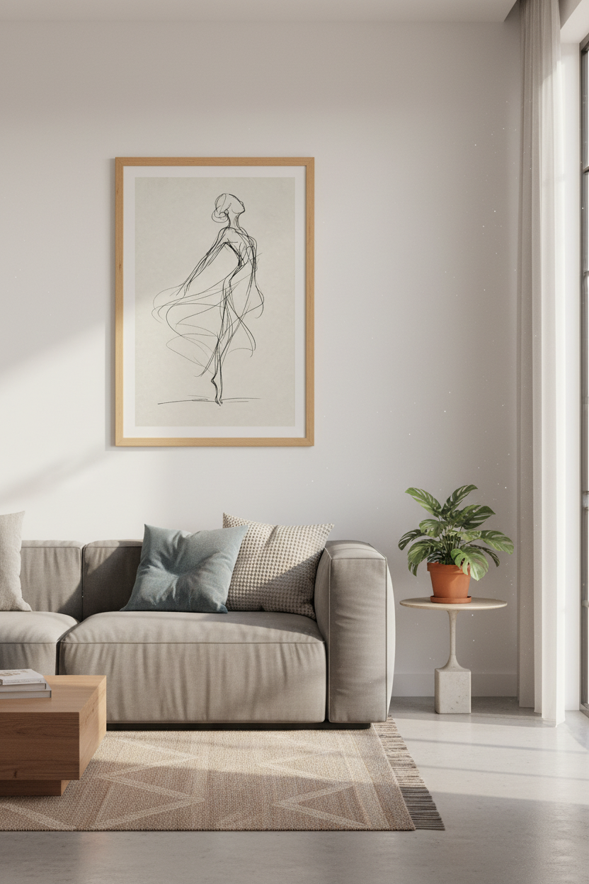 Ballerina Sketch Line Art | Minimalist Black & Beige, Modern Bedroom Decor Poster