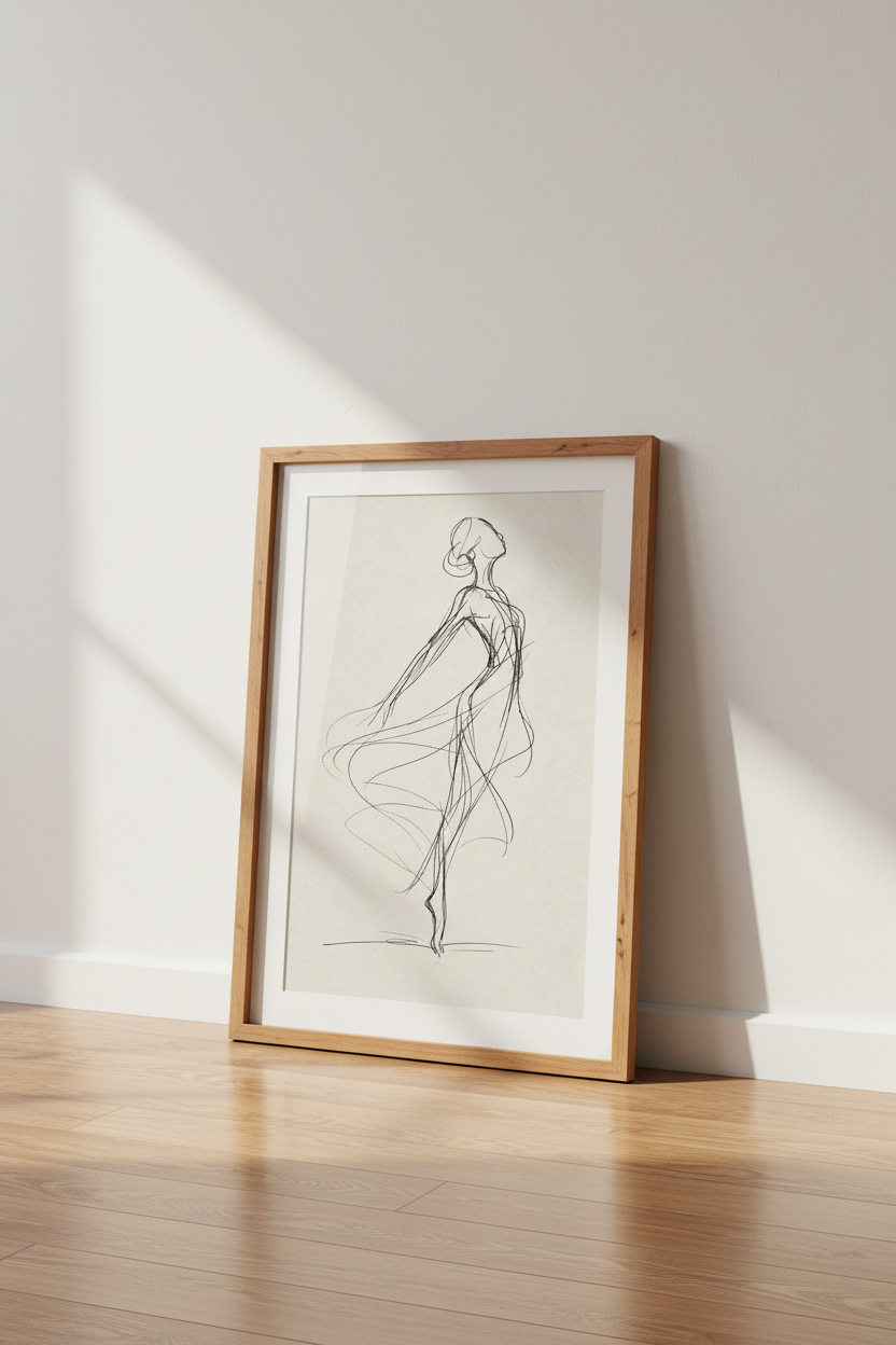 Ballerina Sketch Line Art | Minimalist Black & Beige, Modern Bedroom Decor Poster