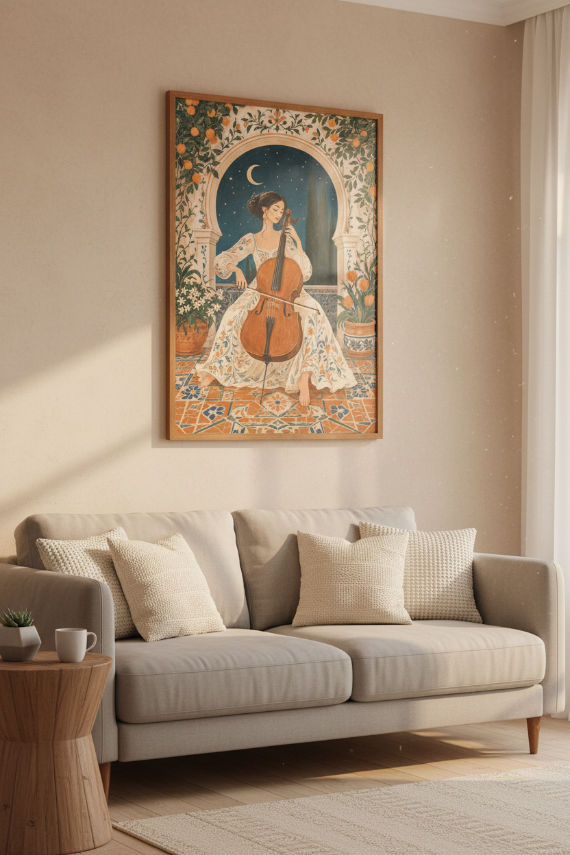 Cello Player Wall Art | Mediterranean Music Room Decor | Moon & Stars Poster