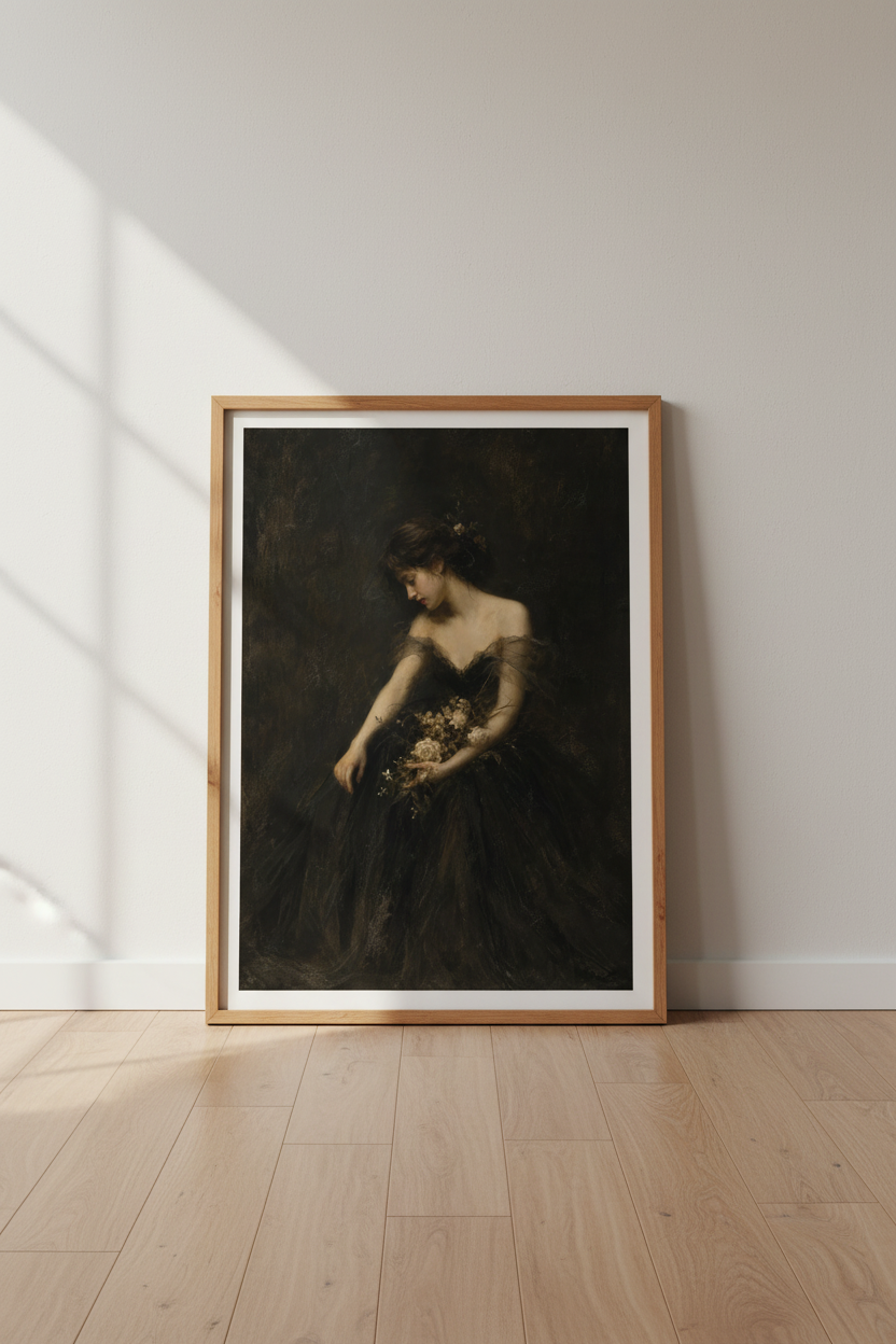 Moody Dark Academia Woman Portrait | Vintage Gothic Oil Style, Bedroom Wall Art