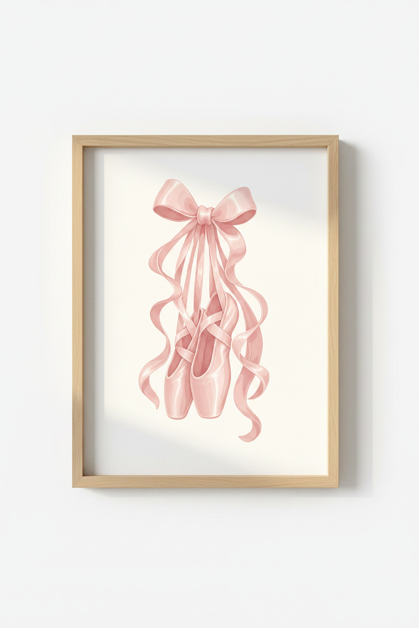 Coquette Ballet Wall Art | Pink Pointe Shoes Ribbon Poster, Nursery & Dance Room Decor