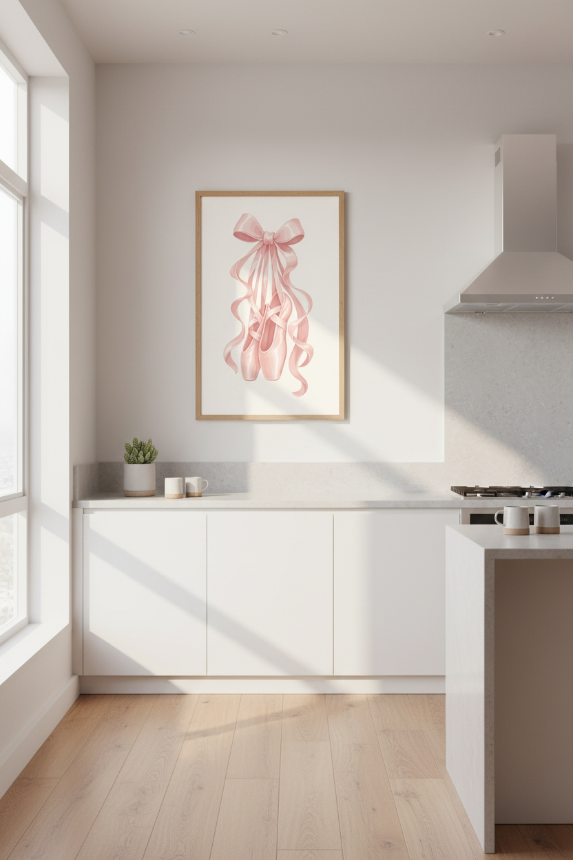 Coquette Ballet Wall Art | Pink Pointe Shoes Ribbon Poster, Nursery & Dance Room Decor