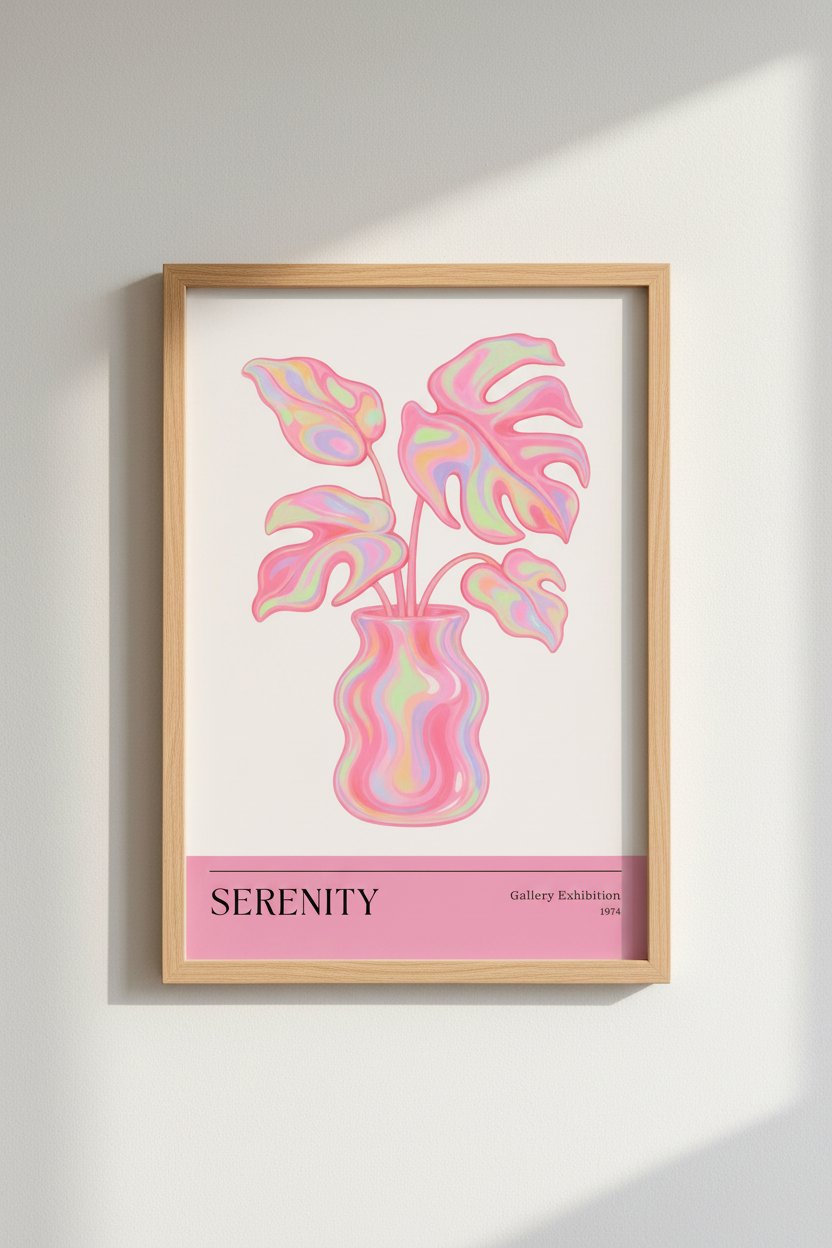 Holographic Pink Monstera Wall Art Print | Retro Gallery Decor | Pastel Aesthetic Poster