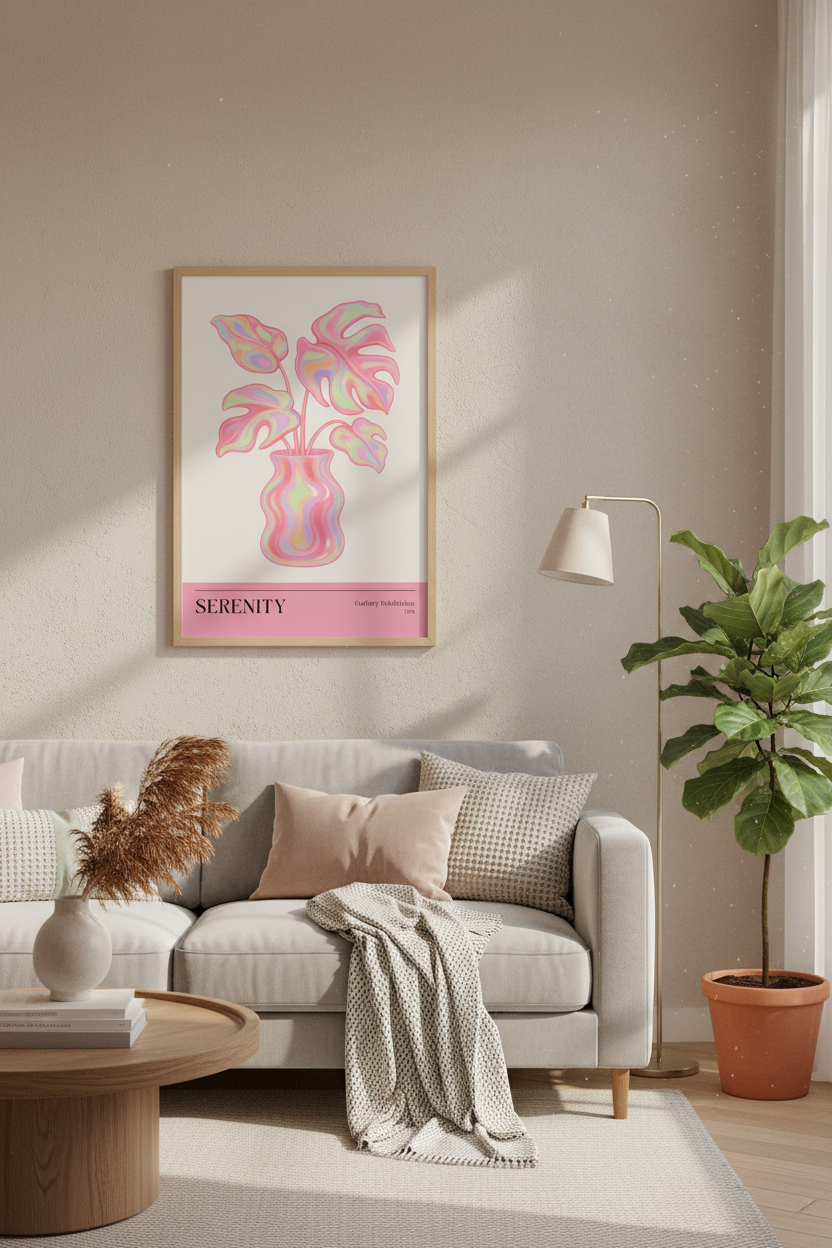Holographic Pink Monstera Wall Art Print | Retro Gallery Decor | Pastel Aesthetic Poster