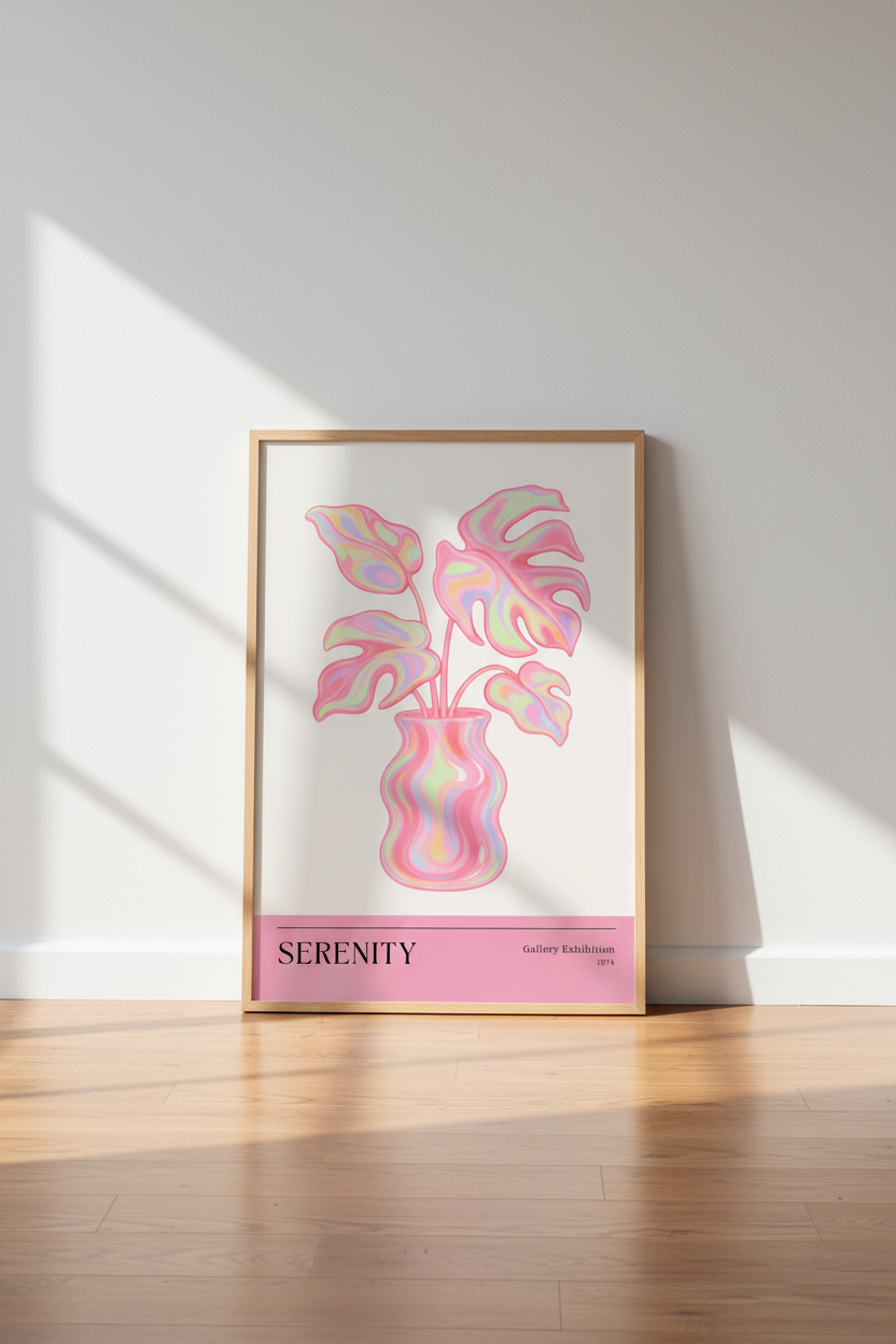 Holographic Pink Monstera Wall Art Print | Retro Gallery Decor | Pastel Aesthetic Poster