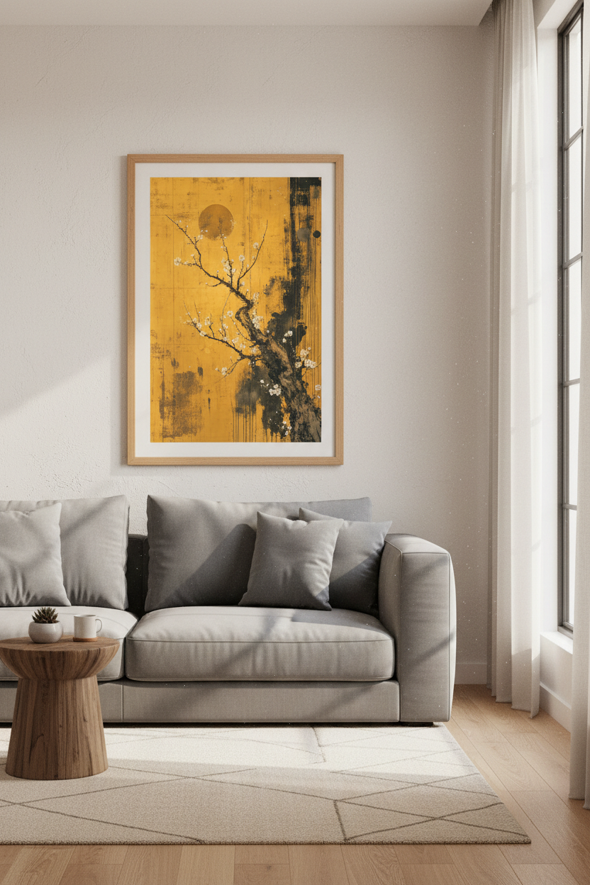 Japanese Plum Blossom Wall Art | Gold & Black Zen Print | Living Room Decor