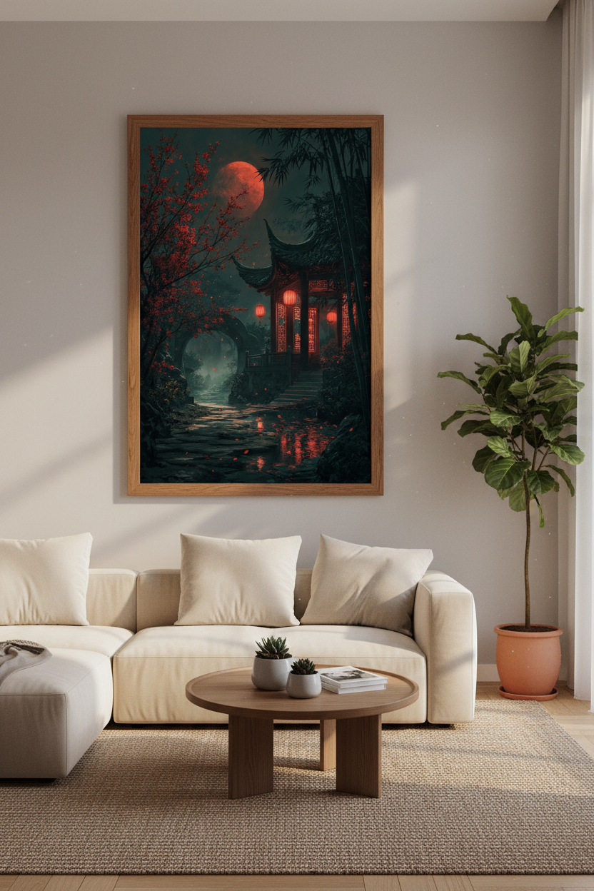 Japanese Pagoda Night Wall Art | Red Moon Landscape | Dark Aesthetic Poster
