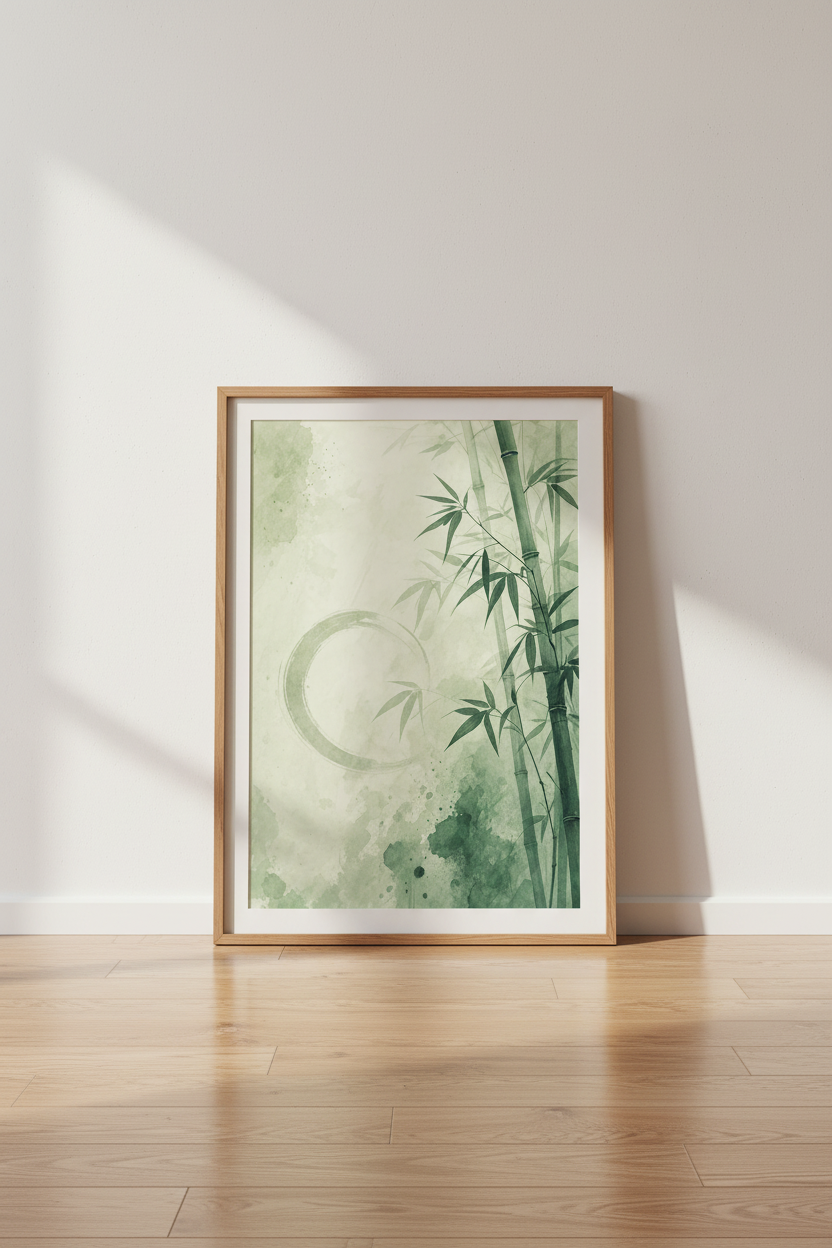 Zen Bamboo Watercolor Wall Art | Sage Green Nature Decor | Japandi Poster
