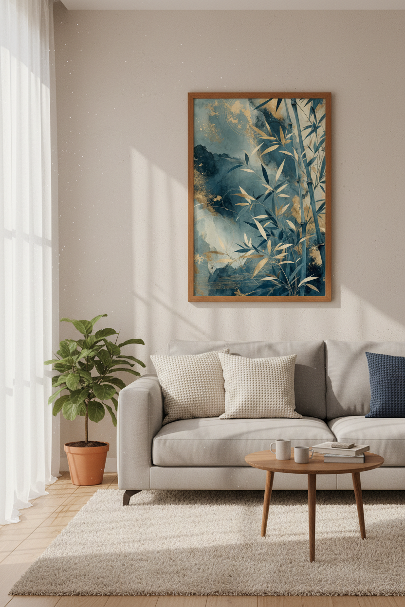 Japanese Bamboo Wall Art | Navy & Gold Zen Decor | Abstract Japandi Poster
