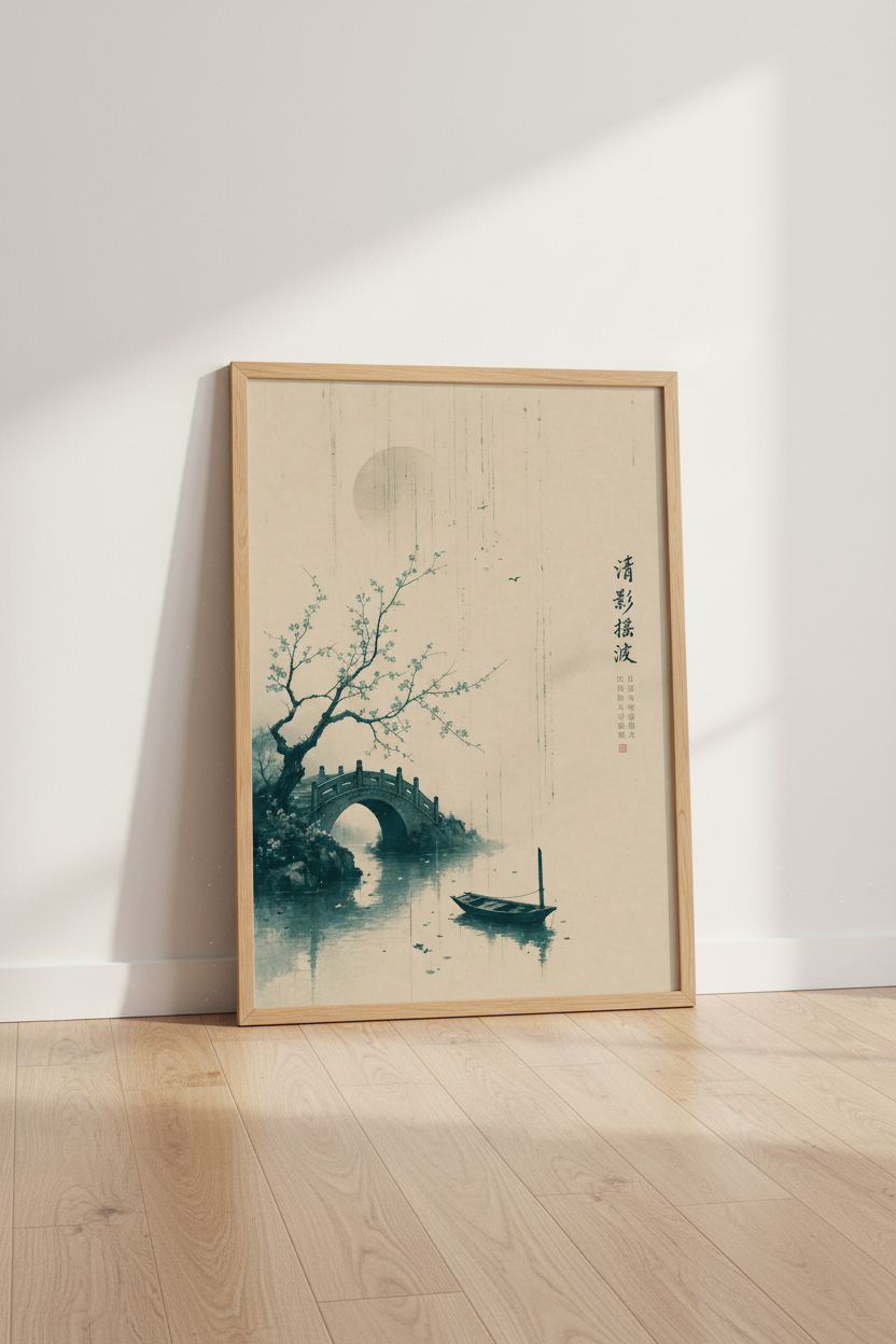 Chinese Ink Wash Bridge Wall Art Print | Zen Landscape Decor | Minimalist Poster