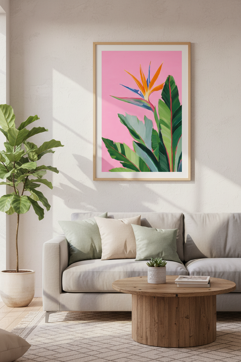 Tropical Floral Wall Art Print | Pink Botanical Decor | Bird of Paradise Poster