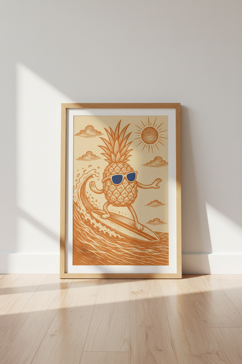 Surfing Pineapple | Retro Woodblock Style Orange Poster, Coastal Beach Decor