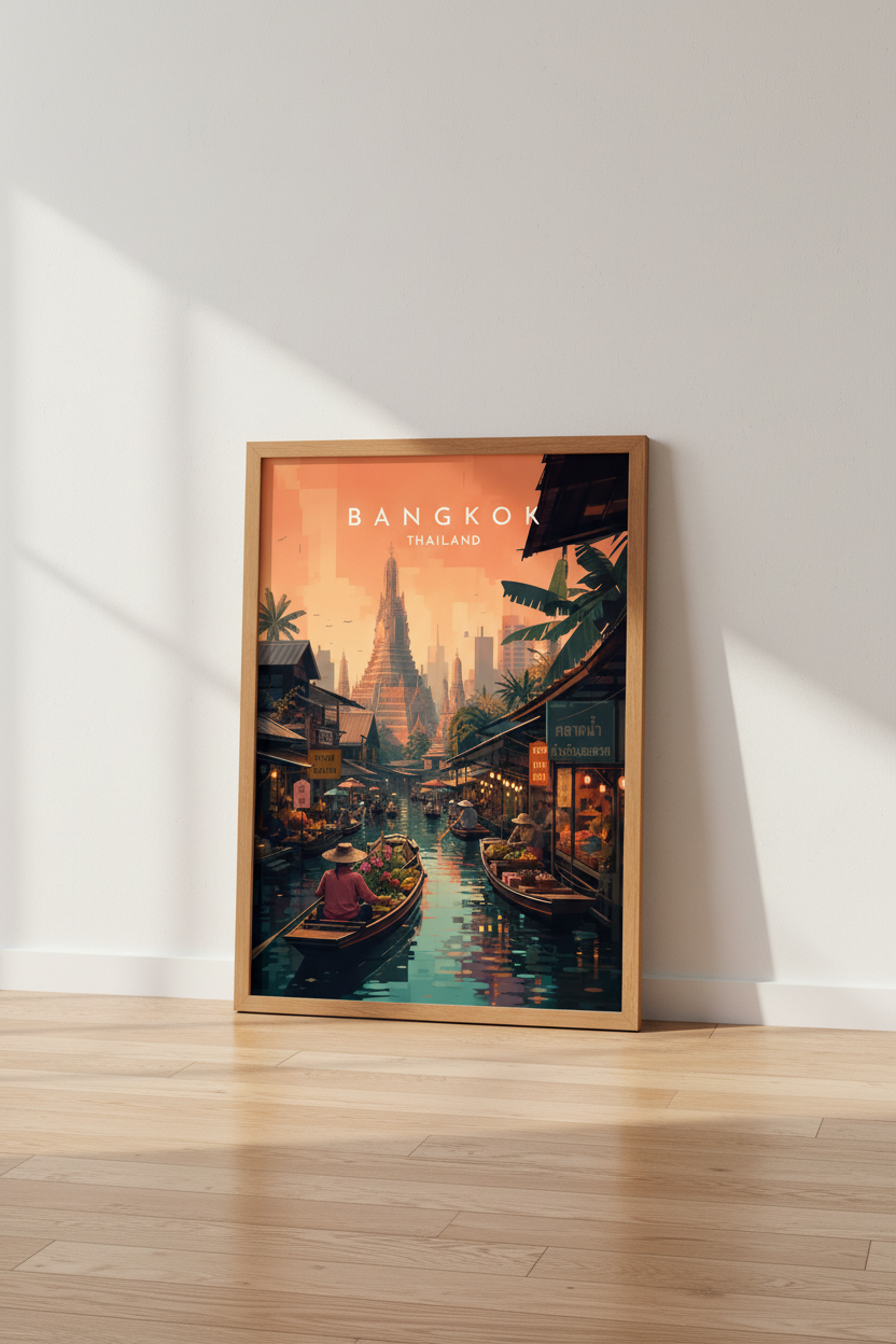 Bangkok Thailand Wall Art Print | Floating Market Sunset | Vintage Travel Poster