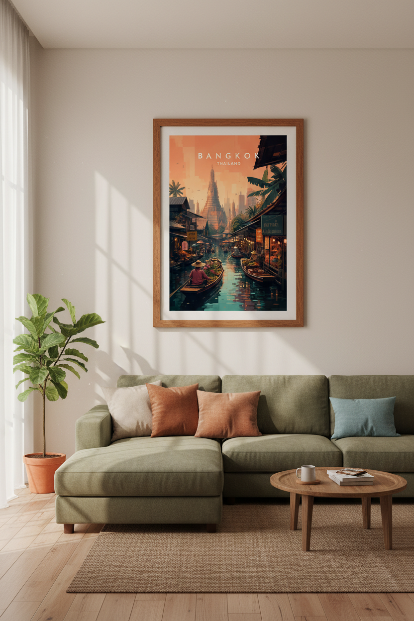 Bangkok Thailand Wall Art Print | Floating Market Sunset | Vintage Travel Poster