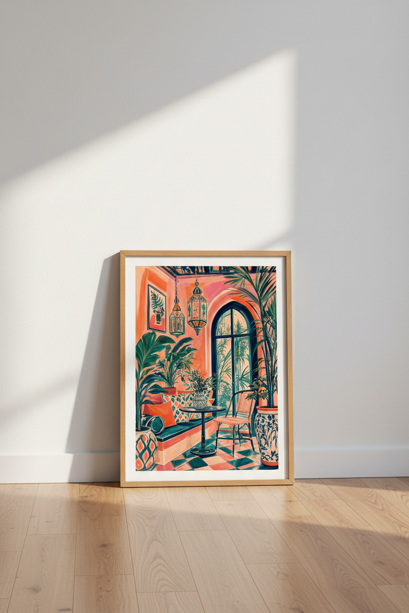 Moroccan Patio Wall Art | Vibrant Boho Garden Poster, Living Room Decor