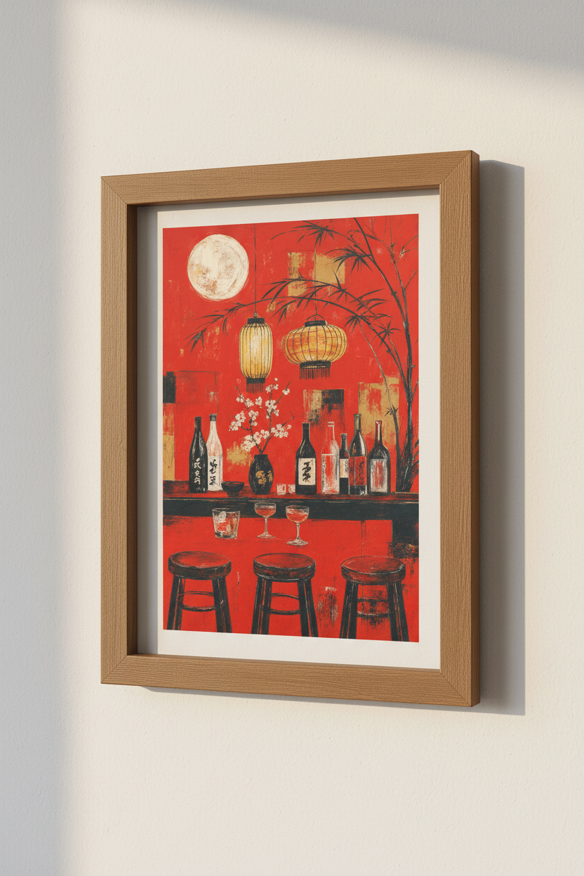 Japanese Sake Bar Wall Art | Red Asian Lounge Decor | Mid Century Modern Poster