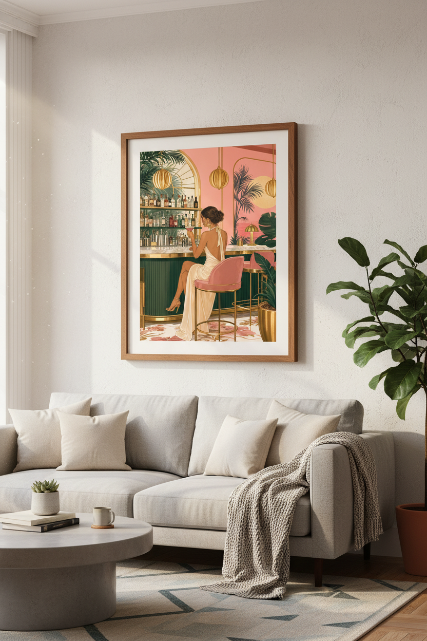 Tropical Bar Wall Art | Pink & Green Retro Lounge Decor | Chic Cocktail Poster